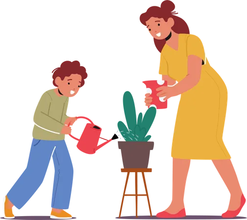 Child And Mother Watering Houseplant  Illustration