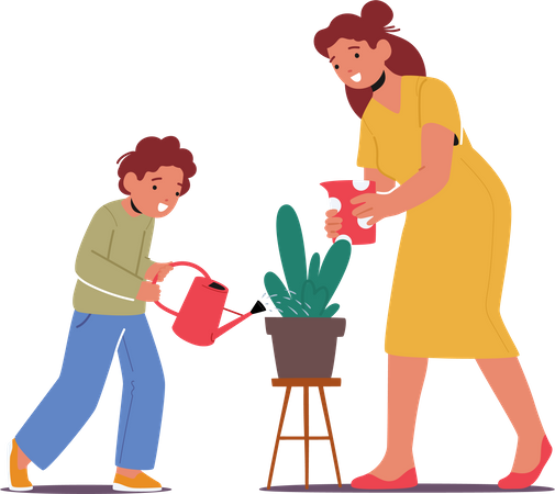 Child And Mother Watering Houseplant  Illustration