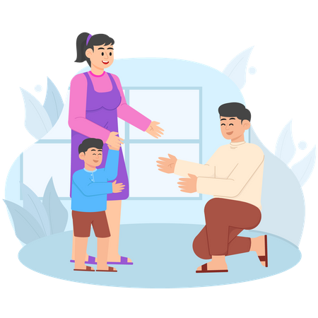 Child Approaching His Father Accompanied By His Mother Illustration