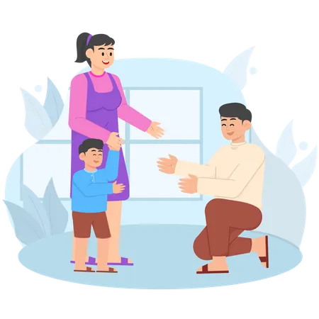 Child Approaching His Father Accompanied By His Mother Illustration
