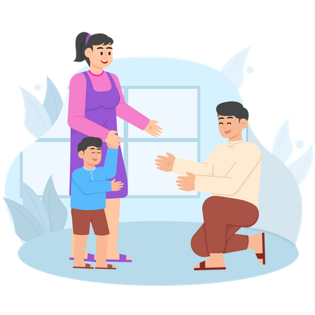 Child Approaching His Father Accompanied By His Mother  Illustration