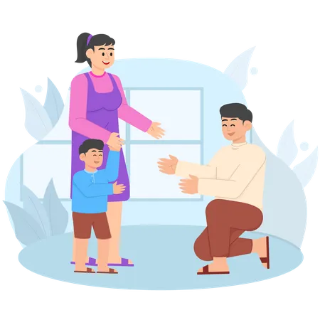 Child Approaching His Father Accompanied By His Mother  Illustration