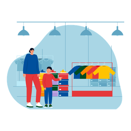 Child asking mother for new clothes at store  Illustration