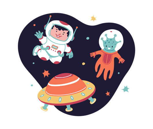 Child astronaut and alien friend  Illustration
