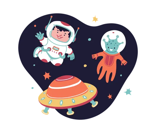 Child astronaut and alien friend  Illustration