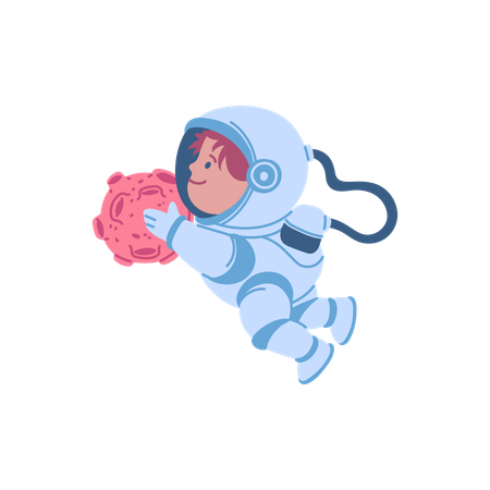 Child astronaut examining asteroid  Illustration