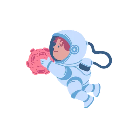 Child astronaut examining asteroid  Illustration