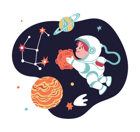 Child astronaut with alien friend  Illustration