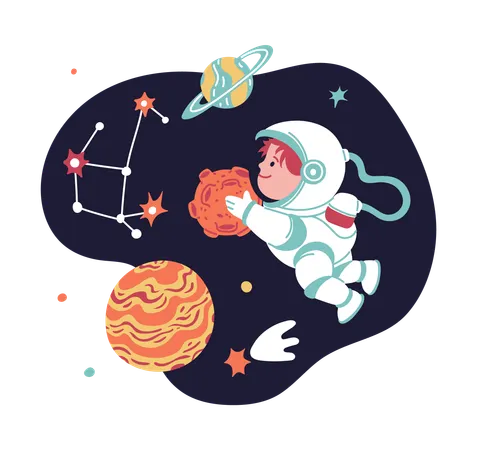 Child astronaut with alien friend  Illustration