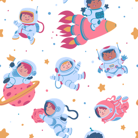 Child astronauts exploring space with planets  Illustration