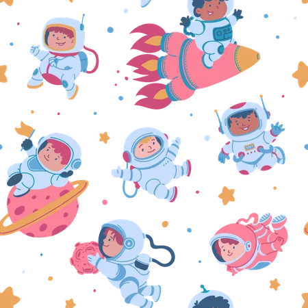 Child astronauts exploring space with planets  Illustration