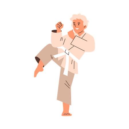 Child athlete in  kimono demonstrates  fighting pose and technique  Illustration