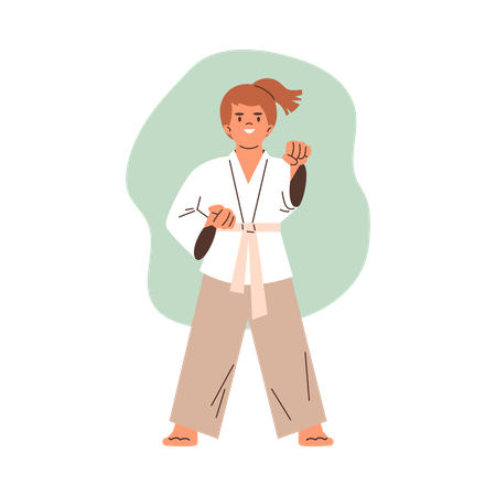 Child athlete in  kimono demonstrates  fighting pose and technique  Illustration