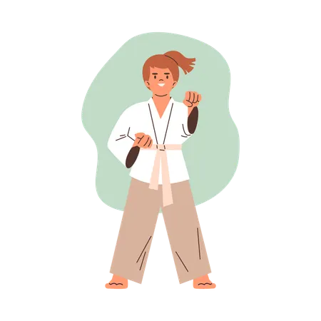 Child athlete in  kimono demonstrates  fighting pose and technique  Illustration