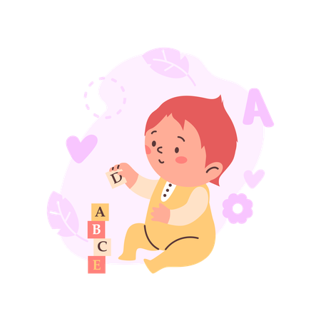 Child baby making builds tower from toy blocks  Illustration