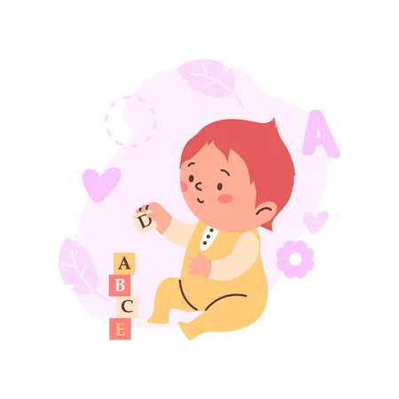 Child baby making builds tower from toy blocks  Illustration