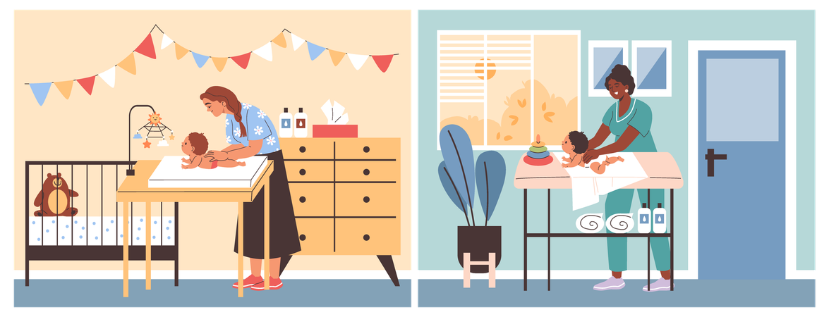 Child being given medical massage on changing table  Illustration