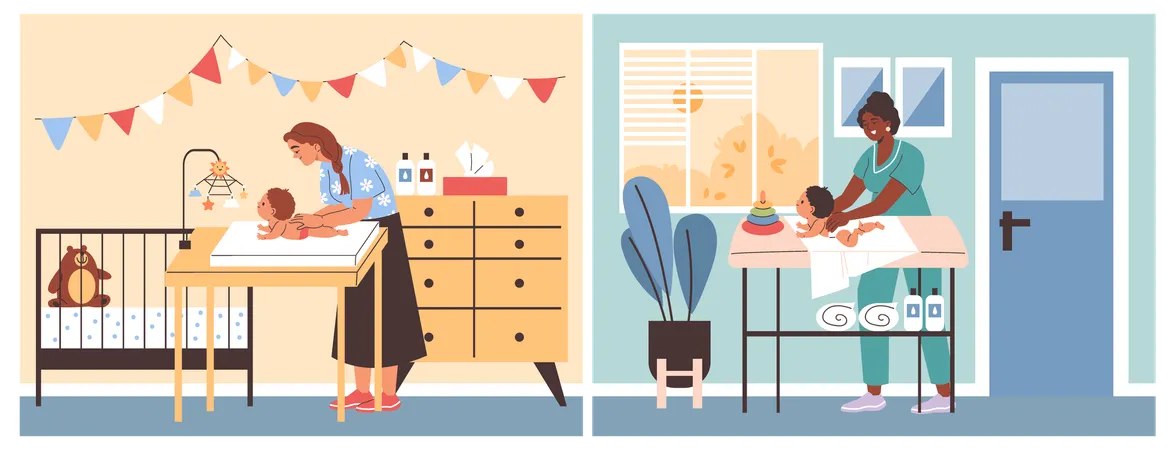 Child being given medical massage on changing table  Illustration