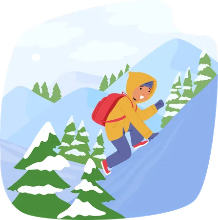 Child Boy Character Bundled Up In Winter Gear And A Bright Smile Explores Snowy Trails Climbing On Mountain Creating Magical Footprints In Pristine Wilderness Cartoon People Vector Illustration Illustration