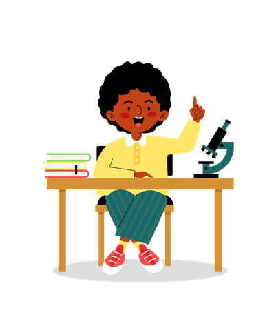 Child boy comes to an idea at the desk at school  Illustration
