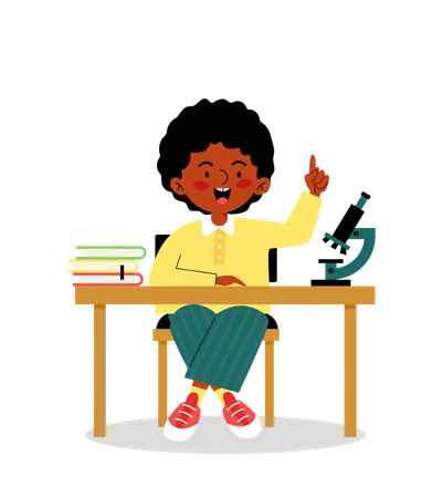 Child boy comes to an idea at the desk at school  Illustration