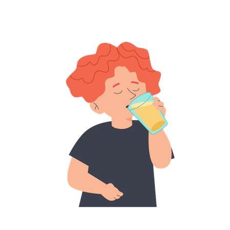 グラスからオレンジジュースを飲む男の子  イラスト