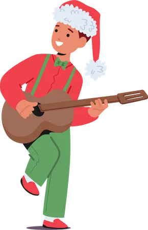 Child Boy In A Festive Christmas Costume Strums A Guitar With Joy  Illustration
