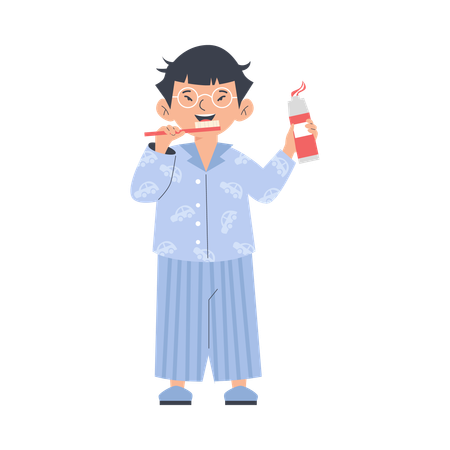 Child boy in pajamas brushing teeth  Illustration