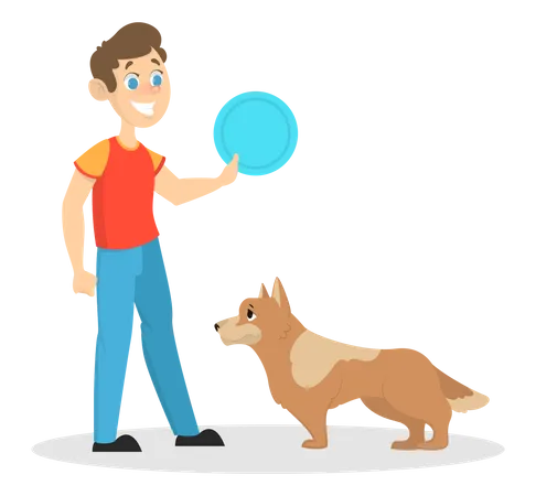 Child boy play with a dog Illustration