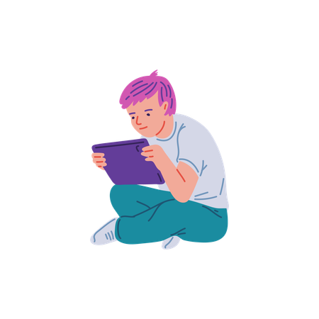 Child boy sitting with tablet  Illustration