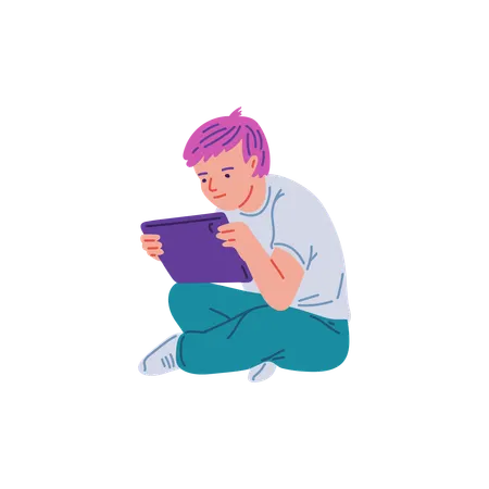 Child boy sitting with tablet  Illustration