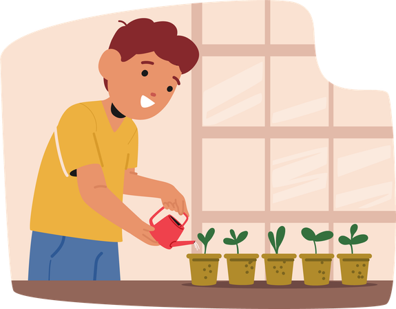 Child Boy Tenderly Waters Potted Plants  Illustration