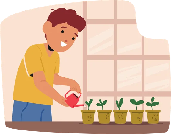 Child Boy Tenderly Waters Potted Plants  Illustration