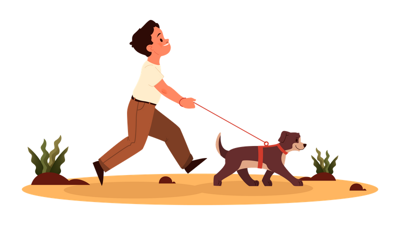 Child boy walking with a dog Illustration