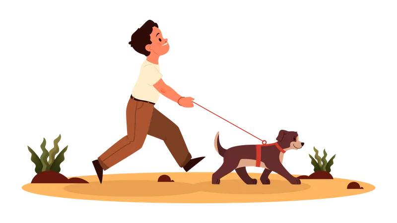 Child boy walking with a dog  Illustration
