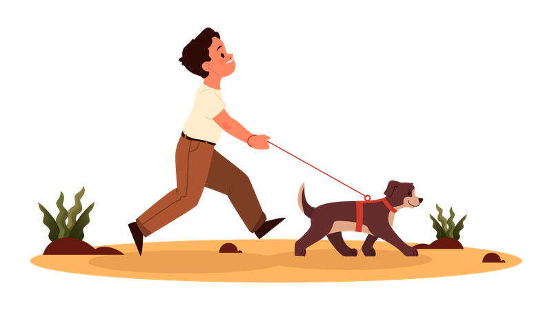 Child boy walking with a dog  Illustration