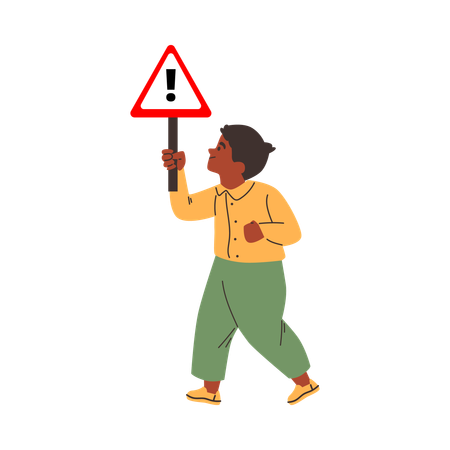 感嘆符を持った道路危険警告標識を持って歩く男の子  イラスト