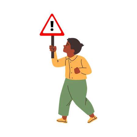 感嘆符を持った道路危険警告標識を持って歩く男の子  イラスト