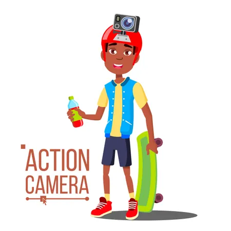 Child Boy With Action Camera Vector. Afro American Teenager. Red Helmet. Shooting Process. Active Type Of Rest. Isolated Cartoon Illustration Illustration