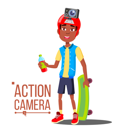 Child Boy With Action Camera Vector. Afro American Teenager. Red Helmet. Shooting Process. Active Type Of Rest. Isolated Cartoon Illustration  Illustration