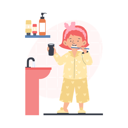 Child brushing teeth at night or in morning  Illustration