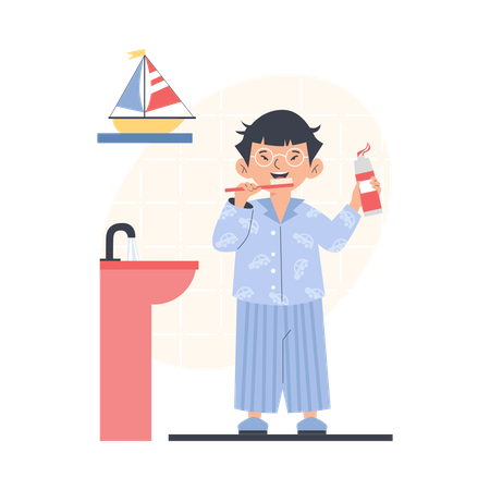 Child brushing teeth before sleep or in morning  Illustration