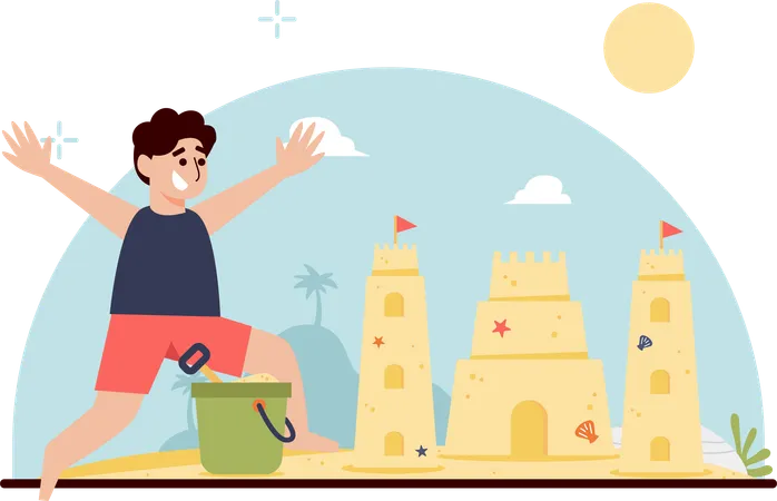 This Charming Flat Illustration Beautifully Captures The Imaginative And Cooperative Spirit Of Childhood Playing To Create Majestic Sand Castles On A Sunny Beach This Illustration Can Be Used For Various Purposes Such As Posters Landing Pages And Other Promotions Illustration