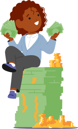 Child businessman sitting on pile of money  Illustration