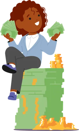 Child businessman sitting on pile of money  Illustration