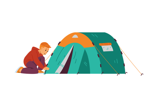 Child camper or boy scout setting tourist tent  Illustration