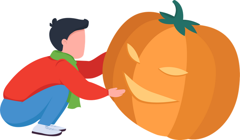 Child carving pumpkin  Illustration