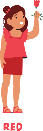 Child Character Holding  Red Rose Wearing  Red Dress  Illustration