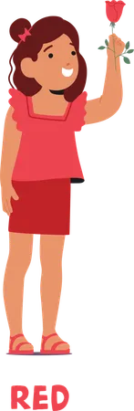 Child Character Holding  Red Rose Wearing  Red Dress  Illustration