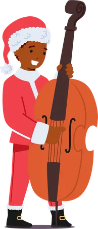 Child Character In A Festive Christmas Costume Of Santa Joyfully Plays A Contrabass Spreading Holiday Cheer With Each Resonant Note Little Boy Perform Music Cartoon People Vector Illustration Illustration